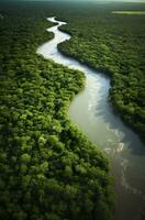 Aerial view of the Amazonas jungle landscape with river bend. Generative AI photo