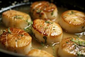 Closeup of pan seared diver scallops with lemon beurre blanc. Generative AI photo