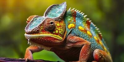 A colorful close up chameleon with a high crest on its head. Generative AI photo