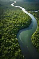 aéreo ver de el amazonas selva paisaje con río doblar. generativo ai foto