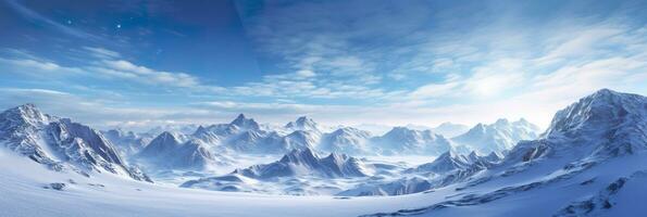 vast desolated snow land, big mountains in the background, snowfall with light blue sky and light blue colors, peaceful atmosphere,  AI Generative photo