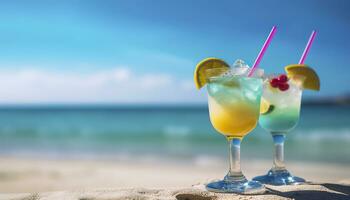 cóctel vaso en el arenoso playa cerca el mar en verano tiempo. generativo ai foto