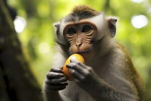 Close up of monkey eating fruit in the jungle. Generative AI photo