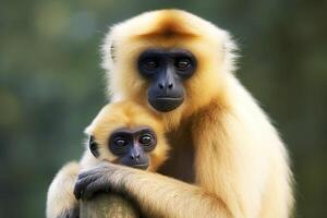 Close image of Cheeked Gibbon monkey mother with a child in the forest. Generative AI photo