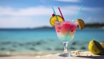 cóctel vaso en el arenoso playa cerca el mar en verano tiempo. generativo ai foto