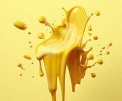 Cheese sauce splashing in the air with cheddar cheese, 3d rendering. Generative AI photo