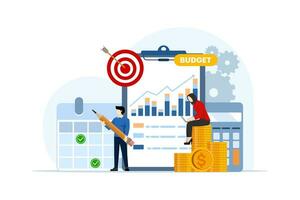 Concept of budget business strategy, financial and accounting reports, budget calculations, economics and investment, data analysis, income or business budget. vector flat illustration on background.