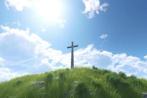 The cross of God with green Leaf, in the rays of the sun and blue sky. Cross on the hill with green trees and graeen natural view. Religious concept, AI Generative photo