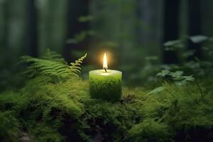 Burning candle on moss, dark green blurred the natural background. Magic candle. Generative AI photo