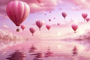 Bright pink ethereal cloudy landscape, hearts, roses, balloons, and wedding concept. Generative AI photo