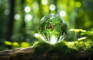 Butterfly and Crystal ball on a tree stump in the forest, natural green background. Generative AI photo