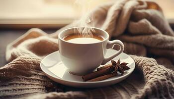 taza de humeante té café, de punto frazada, y canela anís. generativo ai foto