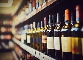 resumen difuminar vino botellas en espíritu alcohol estantería en supermercado Tienda antecedentes. generativo ai foto