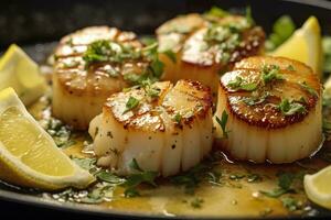 Closeup of pan seared diver scallops with lemon beurre blanc. Generative AI photo