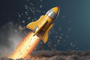 Toy rocket takes off business and finances success concept. AI Generative photo