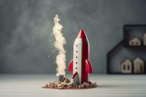 Toy rocket takes off business and finances success concept. AI Generative photo