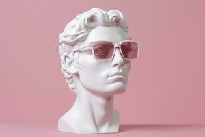 The head of a white mythological statue with fashionable pink glasses on his eyes, frame in profile. AI Generative photo