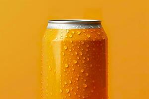 lata de Fresco soda con agua gotas en naranja fondo, de cerca. generativo ai foto