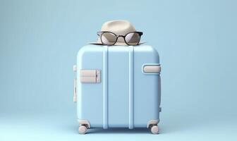 Blue suitcase with sunglasses on a pastel blue background. travel concept. Generative AI photo