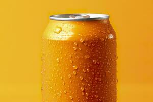 Can of fresh soda with water drops on orange background, closeup. Generative AI photo