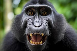 Celebes crested macaque with open mouth. Close up on the green natural background. Generative AI photo