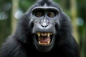 Celebes crested macaque with open mouth. Close up on the green natural background. Generative AI photo