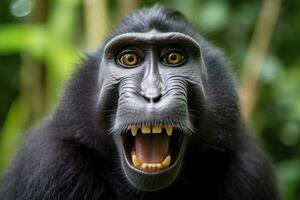 celebes crestado macaco con abierto boca. cerca arriba en el verde natural antecedentes. generativo ai foto