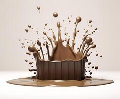 Chocolate splash with a podium, mockup background for milk product display, 3d. Generative AI photo