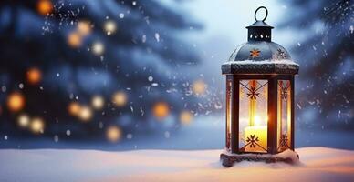 Christmas Lantern On Snow With Fir Branch In Evening Scene. Generative AI photo