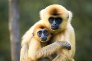 Close image of Cheeked Gibbon monkey mother with a child in the forest. Generative AI photo