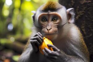 Close up of monkey eating fruit in the jungle. Generative AI photo