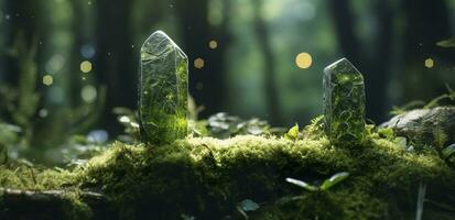 Crystals with moon phases image of moss in a mysterious forest, natural background. Generative AI photo