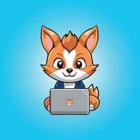 Vector cute fox with laptop cartoon illustration