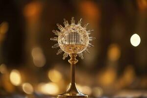 el dorado custodia con un pequeño transparente cristal centro, consagrado anfitrión. Iglesia desenfocado antecedentes. ai generativo foto