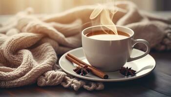 taza de humeante té café, de punto frazada, y canela anís. generativo ai foto