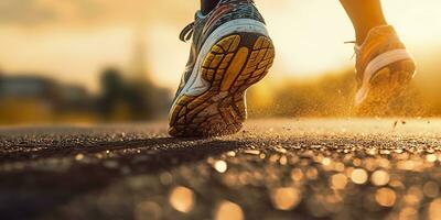 cerca arriba en el zapato, corredor atleta pies corriendo en el la carretera debajo luz de sol en el Mañana. ai generativo foto