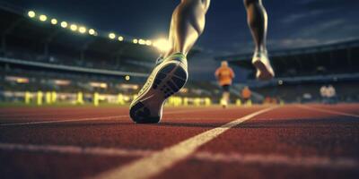 corredor pies corriendo en un estadio, de cerca en pies, Deportes fondo, espacio para Copiar, ai generativo foto