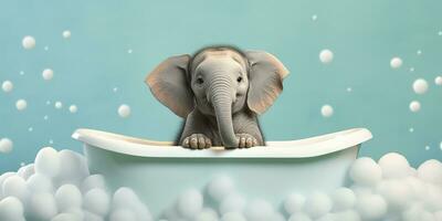 minimalista albino elefante en un bañera de jabón burbujas en contra un cian antecedentes. ai generativo foto