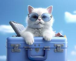 Cute cat on blue suitcase with sunglasses. AI Generative photo