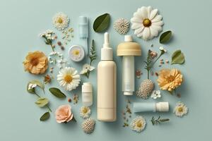 Fresh floral skincare concept. Top view flat lay of pump bottle, pipette, cream bottles, and tubes with flowers on pastel blue background with an empty circle for text or branding. AI Generative photo