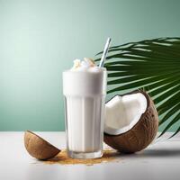 Coconut milk shake glass with fresh sliced coconut. Generative AI photo