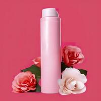 Amazon Product Picture Body Wash, Cylinder Bottle Solid Color pink background, with roses, AI Generative photo