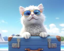 Cute cat on blue suitcase with sunglasses. AI Generative photo