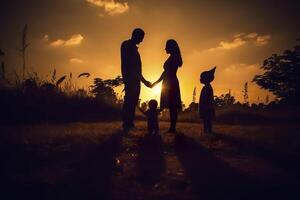 Shadow of Happy family together, parents with their little baby at sunset. A Silhouette of Love and Unity. AI Generative photo