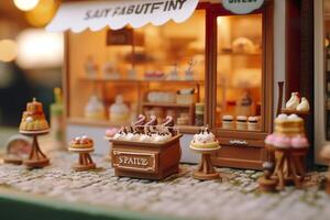 un gusto de dulzura. un popular mercado caja ciega pastel tienda con un limpiar antecedentes. ai generativo foto