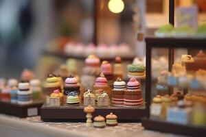 un gusto de dulzura. un popular mercado caja ciega pastel tienda con un limpiar antecedentes. ai generativo foto