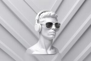 mínimo escena de Gafas de sol y auriculares en humano cabeza escultura, música concepto, 3d representación. ai generativo foto