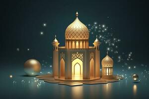 illustration of eid Mubarak night with light of a lamp, paper style, luxury happy Eid background, AI Generative photo