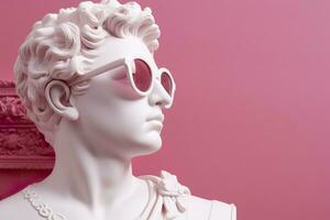 The head of a white mythological statue with fashionable pink glasses on his eyes, frame in profile. AI Generative photo