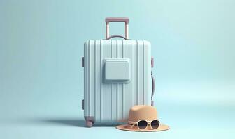 Blue suitcase with sunglasses on a pastel blue background. travel concept. Generative AI photo